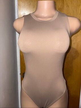 Meshki Taupe High Neck Sleeveless Bodysuit